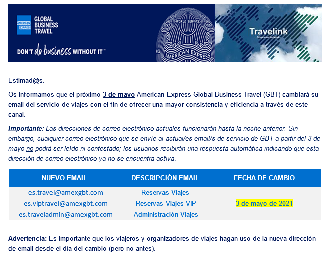 Circular cambio de dirección electrónica de Travelink